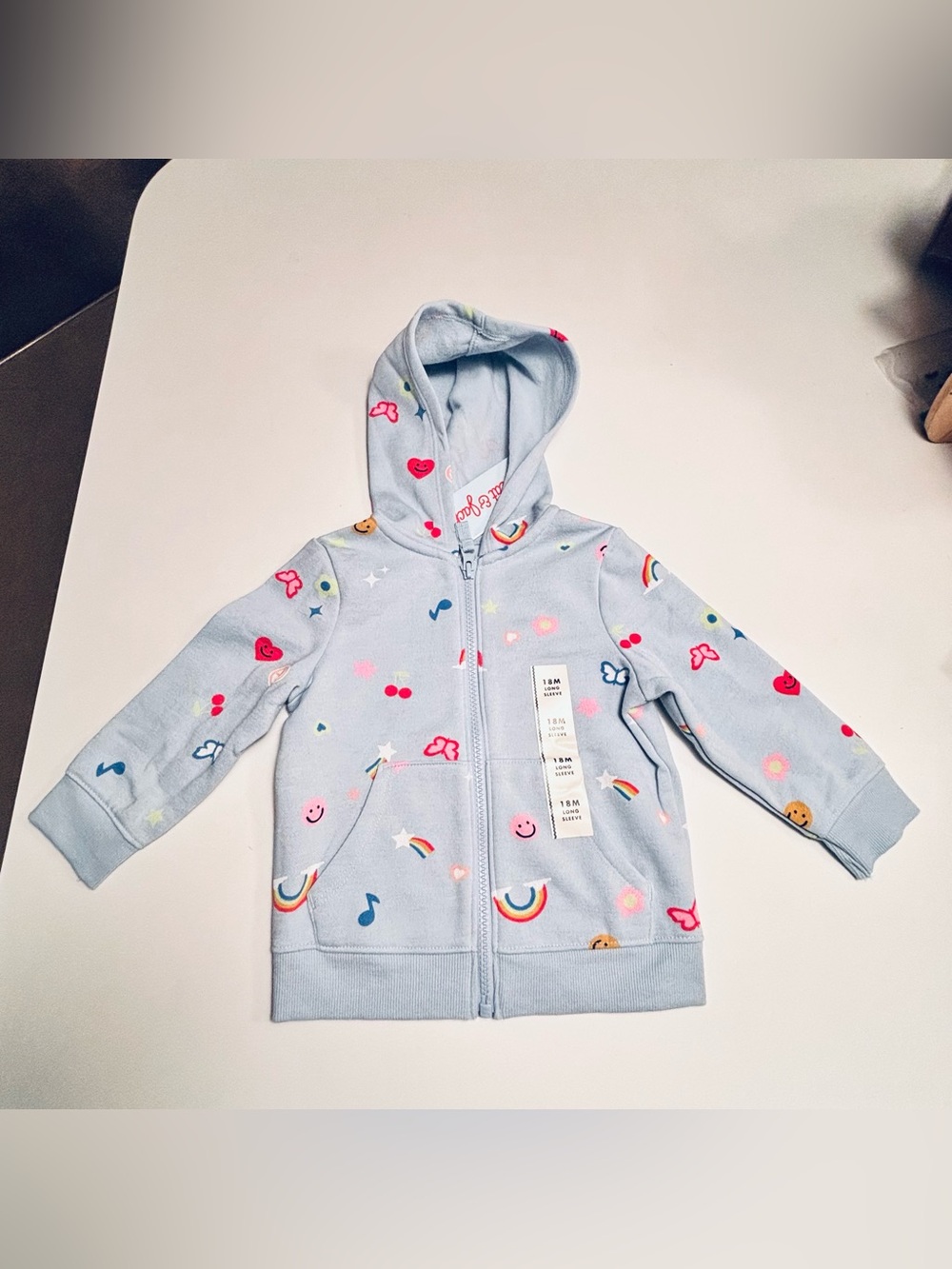 Cat & Jack Light Blue Hooded Zip Sweatshirt with Rainbow & Smile Prints